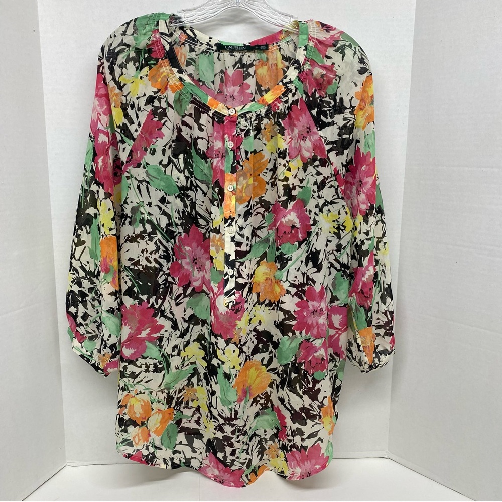 Lauren Ralph Lauren Floral Split Neck Blouse Size XL 3/4 Sleeve Multicolor Flowy
